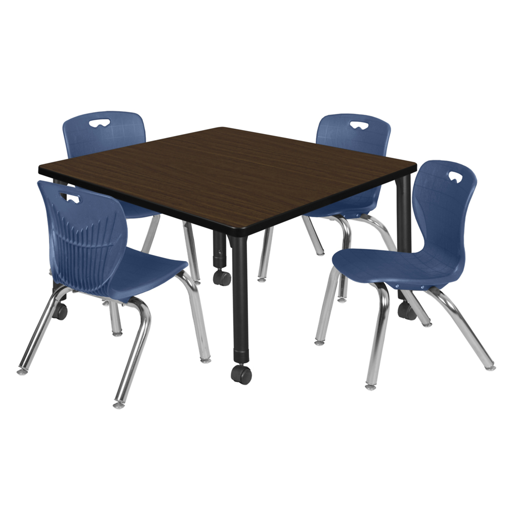 Regency Kee Mobile Adjustable Classroom Table Set — 36in. Square, Neo Walnut/Black, Includes 4 Blue 12in. Stack Chairs, Model# TB3636NWAPCBK45NV